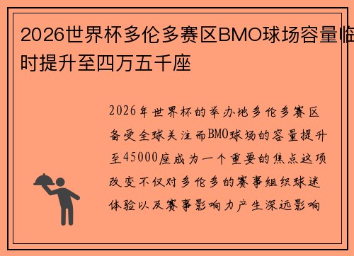 2026世界杯多伦多赛区BMO球场容量临时提升至四万五千座